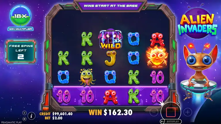 Alien Invaders free spins round triggered - bonus banner visible, expanded reel grid and win multiplier counter active