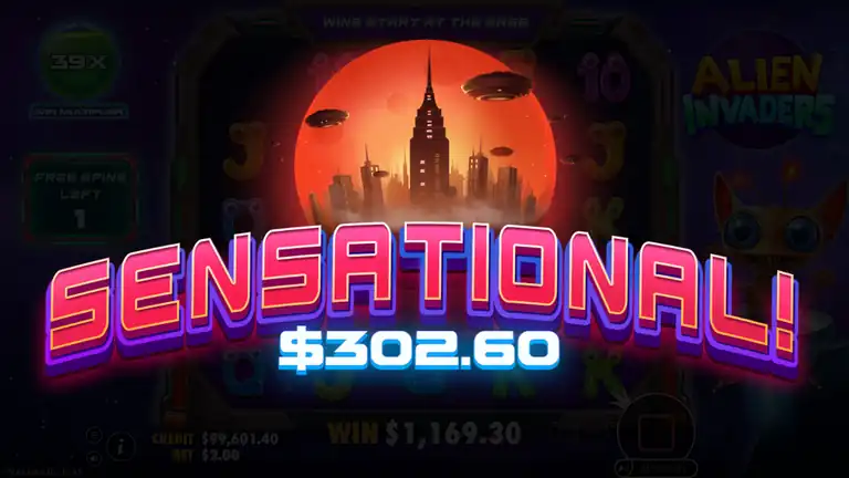 Alien Invaders bonus result screen - win total displayed after retrigger-extended free spins round