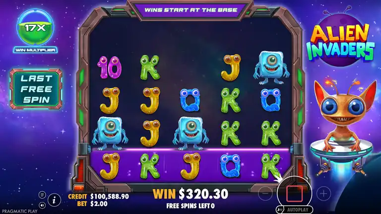 Alien Invaders free spins win frame showing a $320.30 round result at $2.00 stake